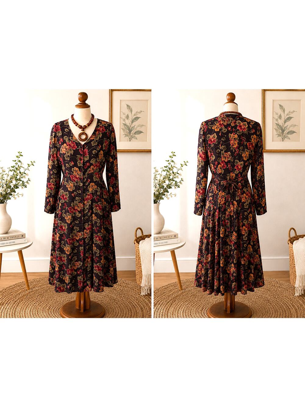 Vintage April Cornell Floral Rayon Midi Dress M Button Front Tie Back Cottagecor
